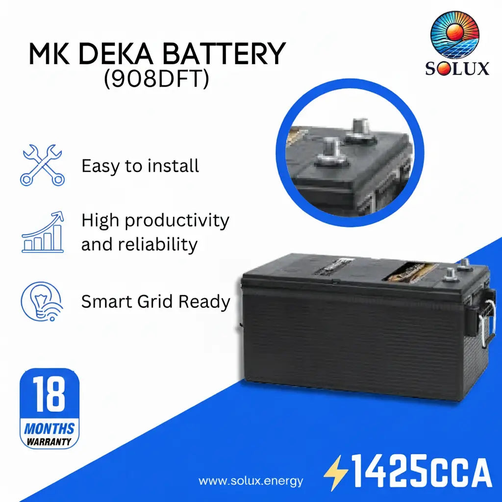 This is an image of Deka 908DFT Flooded Battery, 18 months warranty