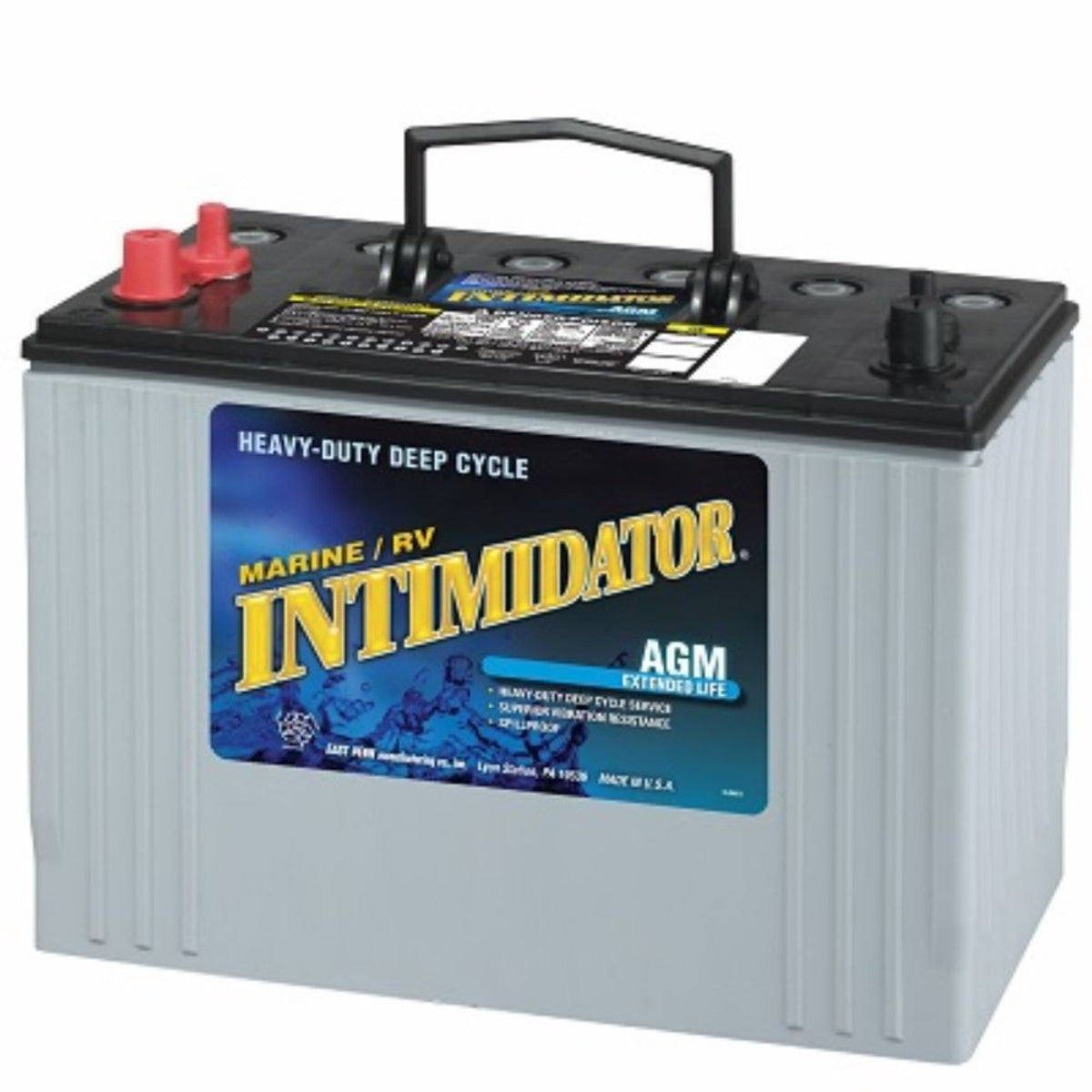 A gray AGM deep cycle battery with red and black terminals, labeled for marine and RV use.