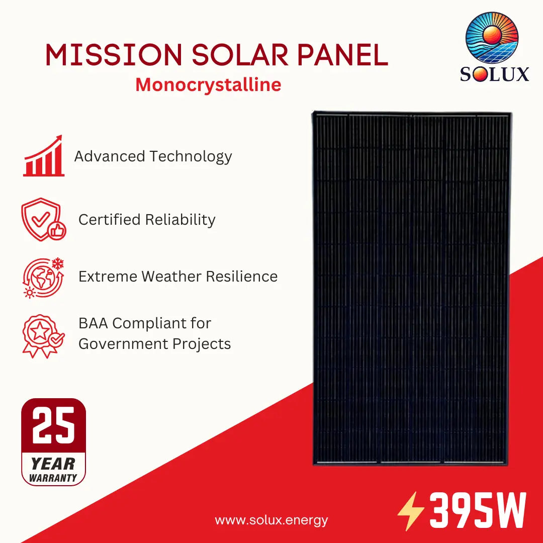 Mission Solar Panel Monocrystalline 395W solar panel by Solux, shown as a black rectangular panel on a white and red graphic background with feature icons and a 25-year warranty badge.