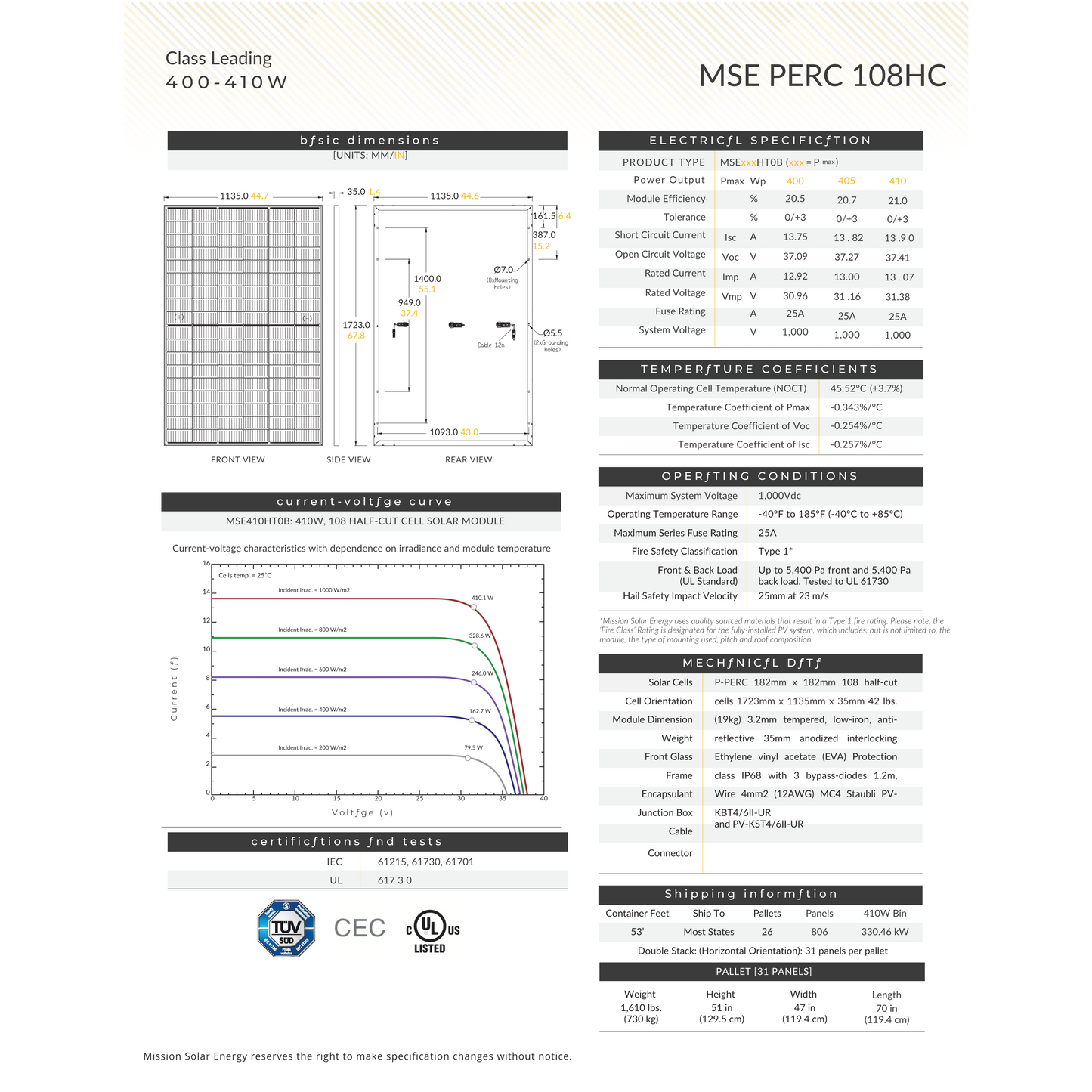 Mission Solar Panels MSE410HCOB Specs