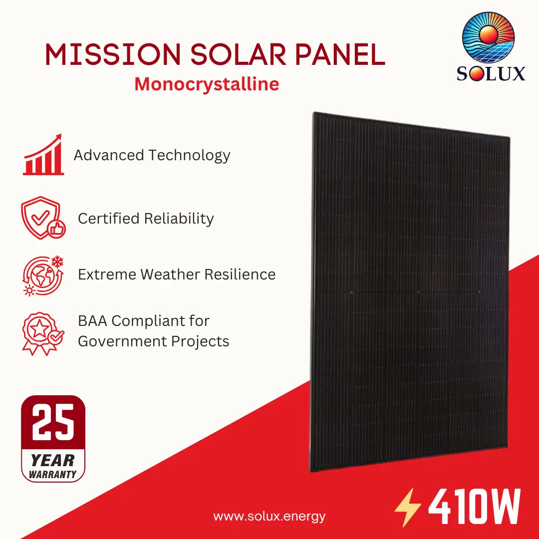 A promotional graphic for a Solux Mission Solar Panel Monocrystalline, showing a tall black solar panel on the right and marketing text and icons on the left against a white and red background.