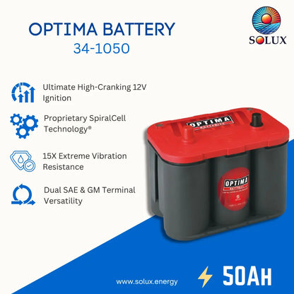 SOLUX Optima Battery 34-1050 promotional graphic showing a 12V battery on the right with feature callouts on the left, including high-cranking ignition, spiral cell technology, vibration resistance, terminal versatility, and 50Ah capacity.