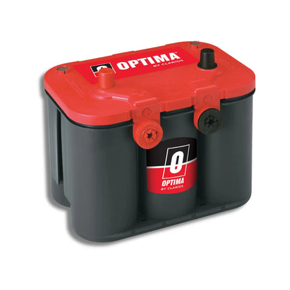 An Optima 34/78-1050 12V flooded battery with a red top cover and black cylindrical cells, shown on a white background.