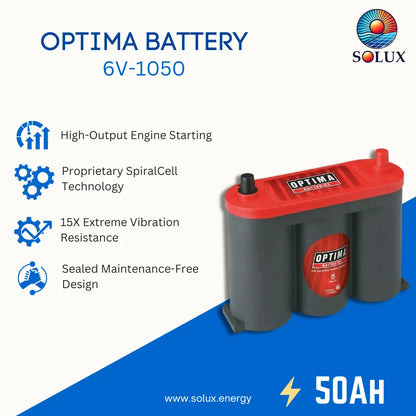 SOLUX Optima Battery 6V-1050 promotional graphic showing a dual-cell battery with a red top and gray body, alongside feature icons and text including high-output engine starting, spiral cell technology, vibration resistance, sealed maintenance-free design, and 50AH capacity.