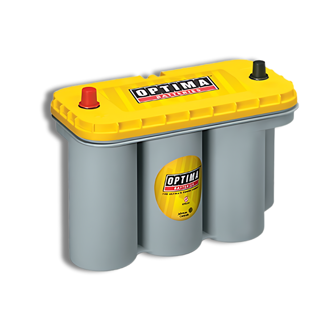Single product image of Optima battery with yellow top and gray body on a white background