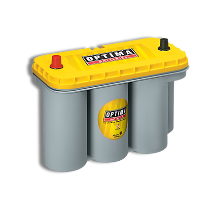 Single product image of Optima battery with yellow top and gray body on a white background