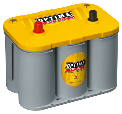 Single product image of Optima battery with yellow top and gray body on a white background
