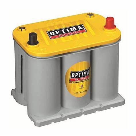Optima battery with yellow top and silver body on a white background