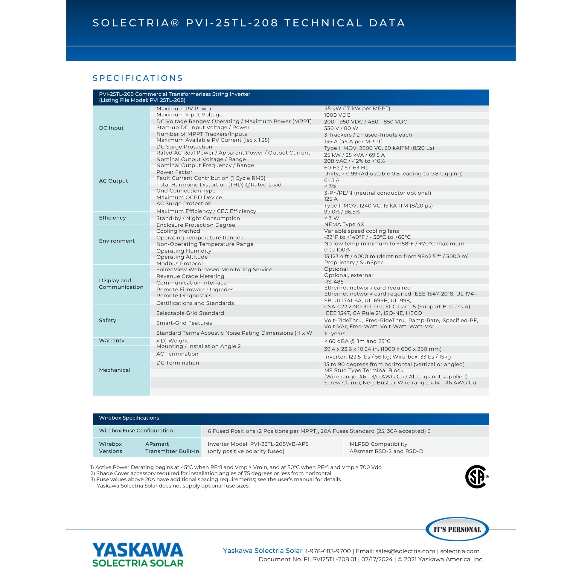 PVI-25TL-208 Solectria Inverters Specs