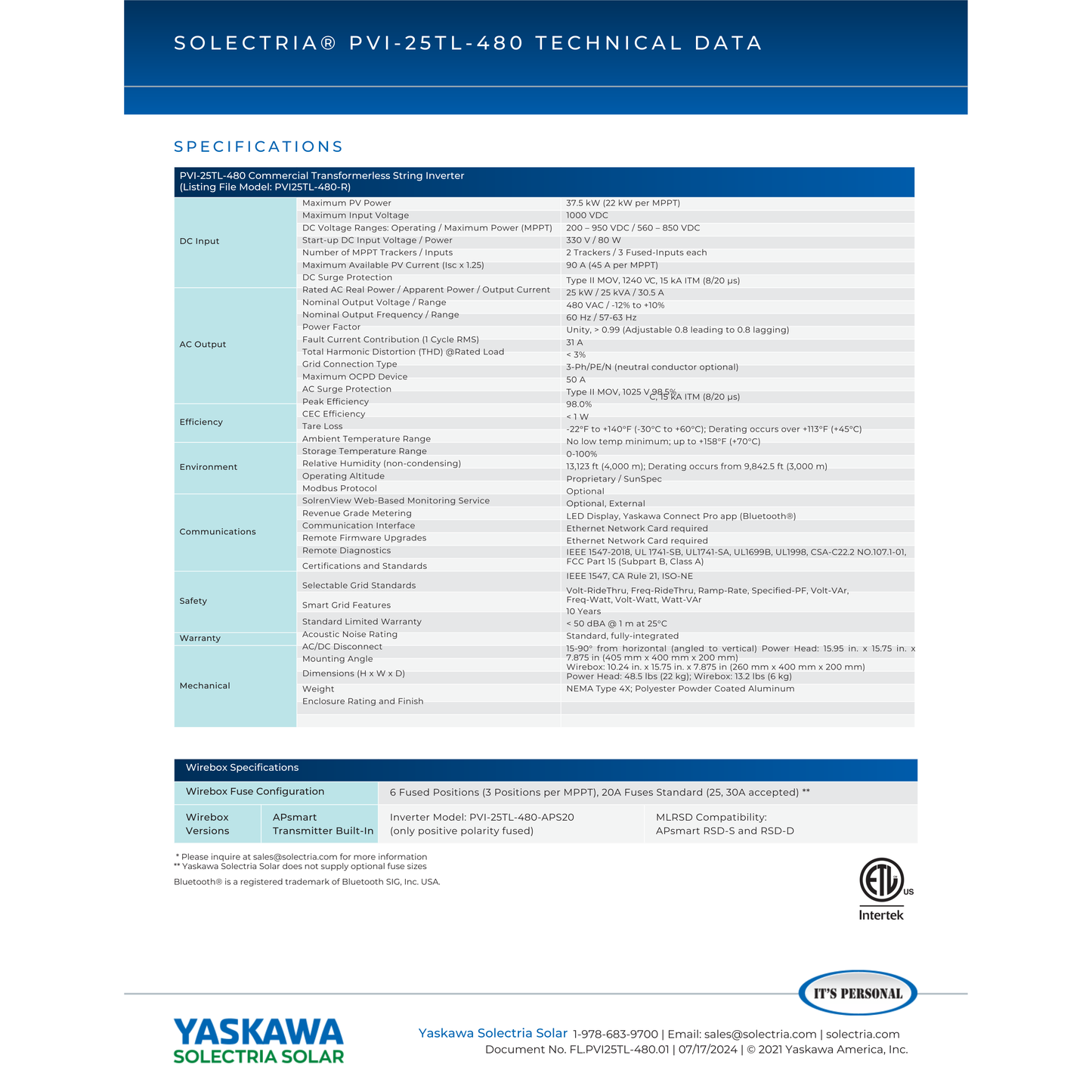 PVI-25TL-480-APS20 Solectria Solar Inverters Specs