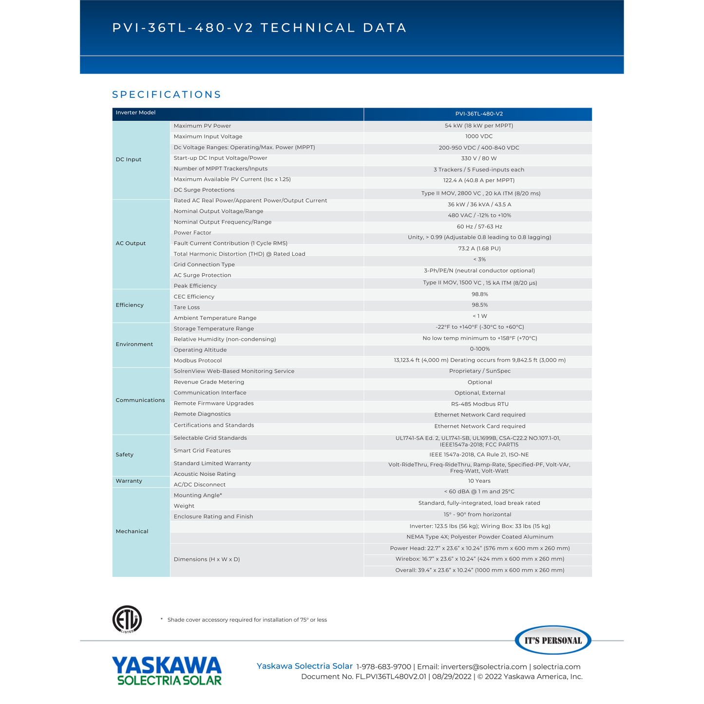 PVI-36TL-480-V2 Yaskawa Inverter Specs