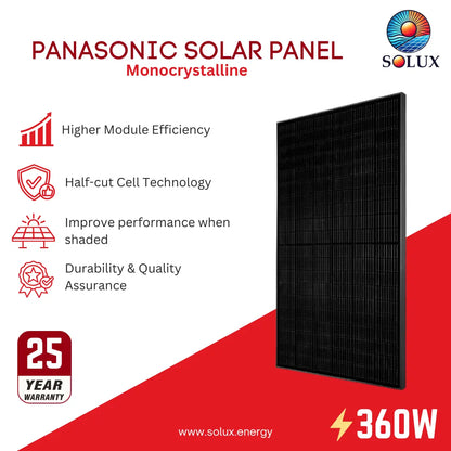 Panasonic solar panel monocrystalline product graphic by Solux, showing a tall black rectangular solar panel on a white and red background with feature callouts and a 25-year warranty badge.