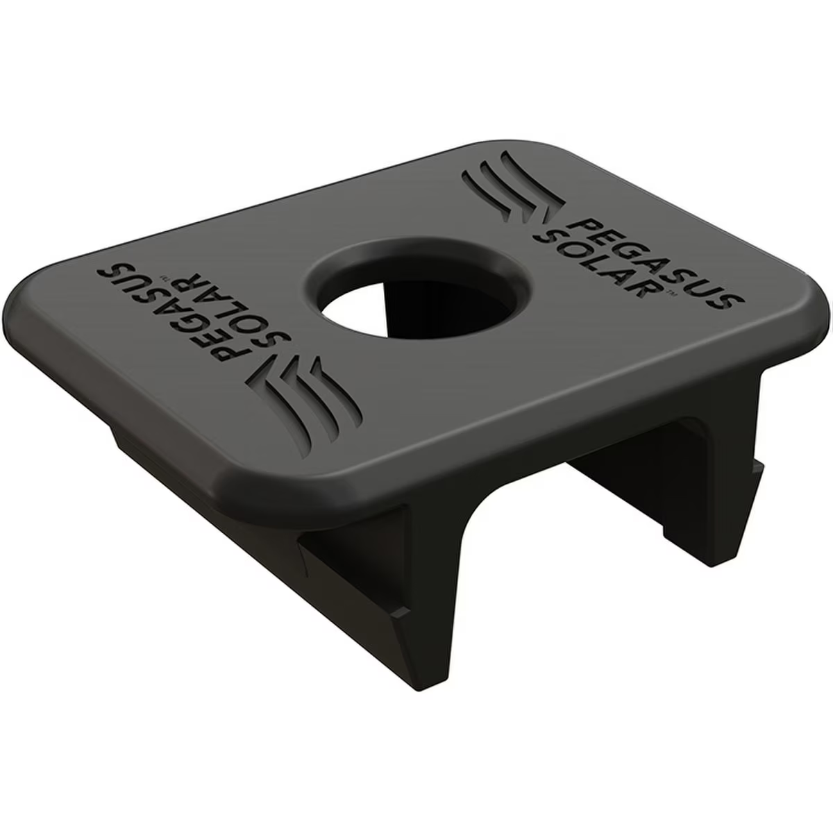 Black solar panel mount wire management clip with 'Pegasus Solar' branding on a white background