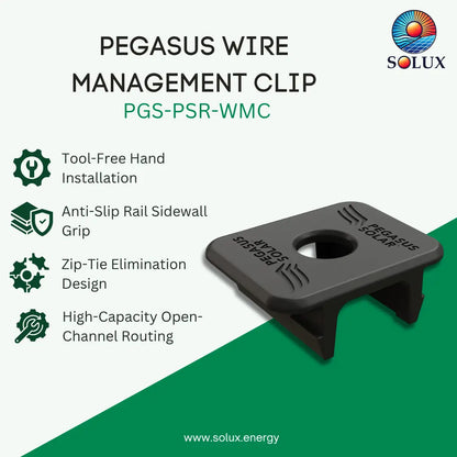 Pegasus Wire Management Clip by Solux, model PGS-PSR-WMC, shown on a split white and green background with product features listed on the left.