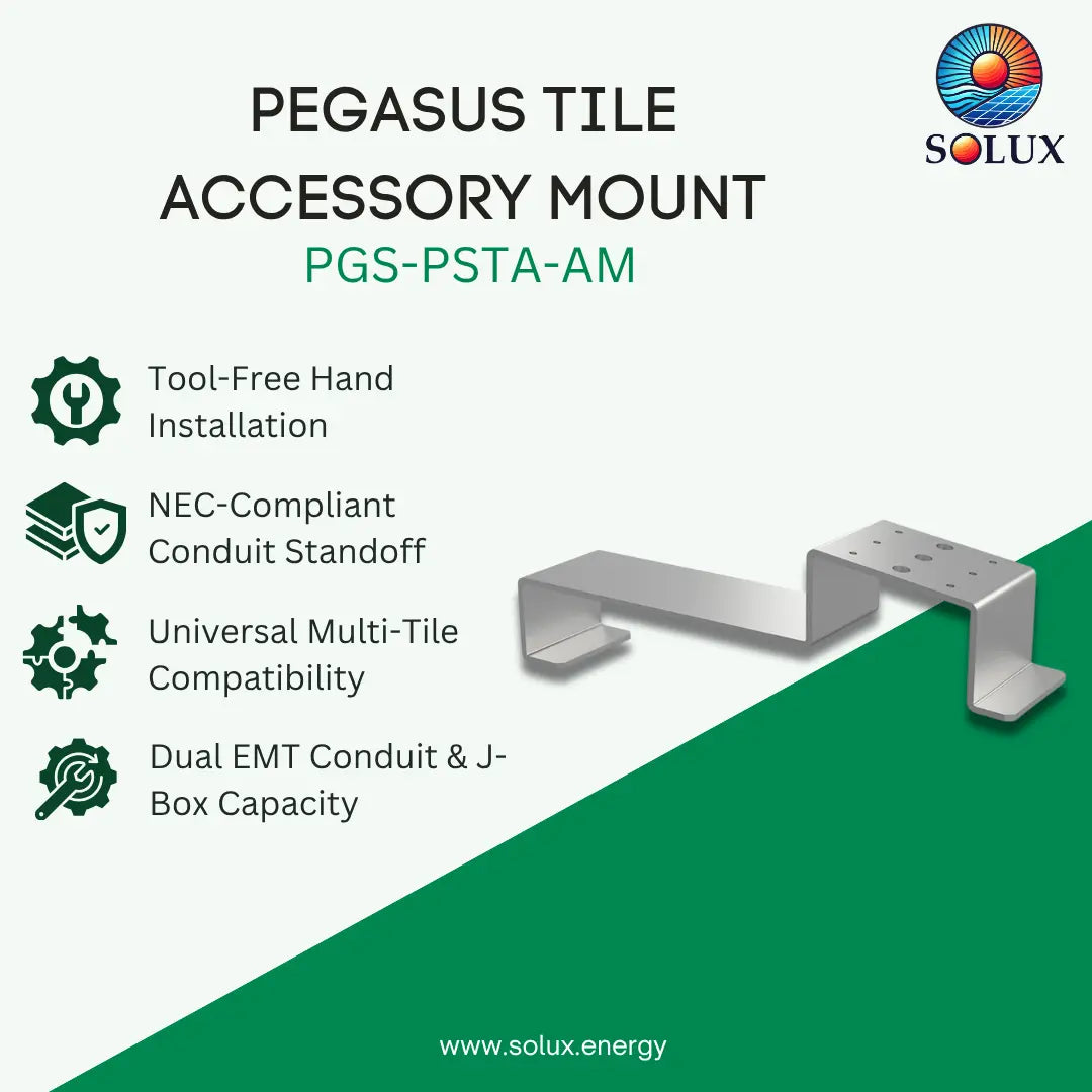 Promotional graphic for the Solux Pegasus Tile Accessory Mount (PGS-PSTA-AM), showing a silver metal bracket on a split white and green background with product features listed on the left.
