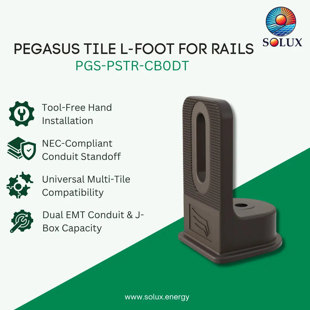 A promotional graphic for the Solux Pegasus Tile L-foot for rails, showing a dark gray plastic rail joint protector on a split white and green background with feature callouts and the Solux logo.