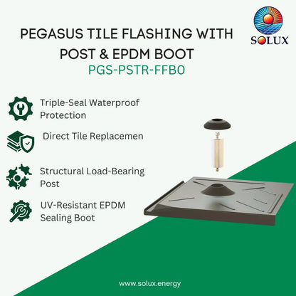 Promotional graphic for Solux Pegasus Tile Flashing with Post & EPDM Boot (PGS-PSTR-FFBO), showing a floating view of the dark gray tile flashing base and a separate EPDM boot. The graphic features product benefits listed on the left and a green and white background with the Solux logo.