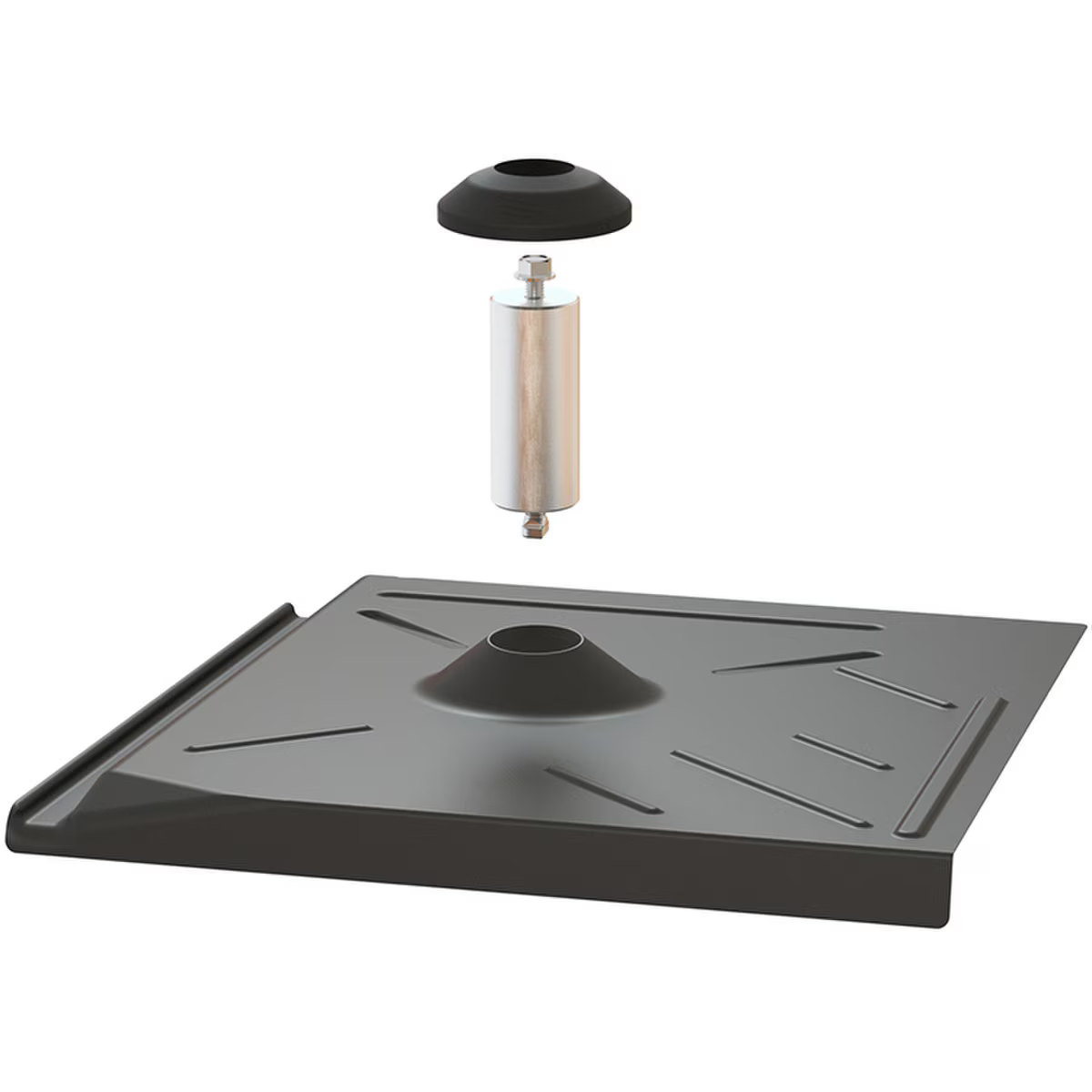 Pegasus PGS-PSTR-FFB0 Flat Tile Flashing with Post & EPDM Boot - Black a metal tray with cylindrical component on a white background