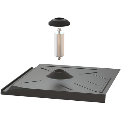 Pegasus PGS-PSTR-FFB0 Flat Tile Flashing with Post & EPDM Boot - Black a metal tray with cylindrical component on a white background