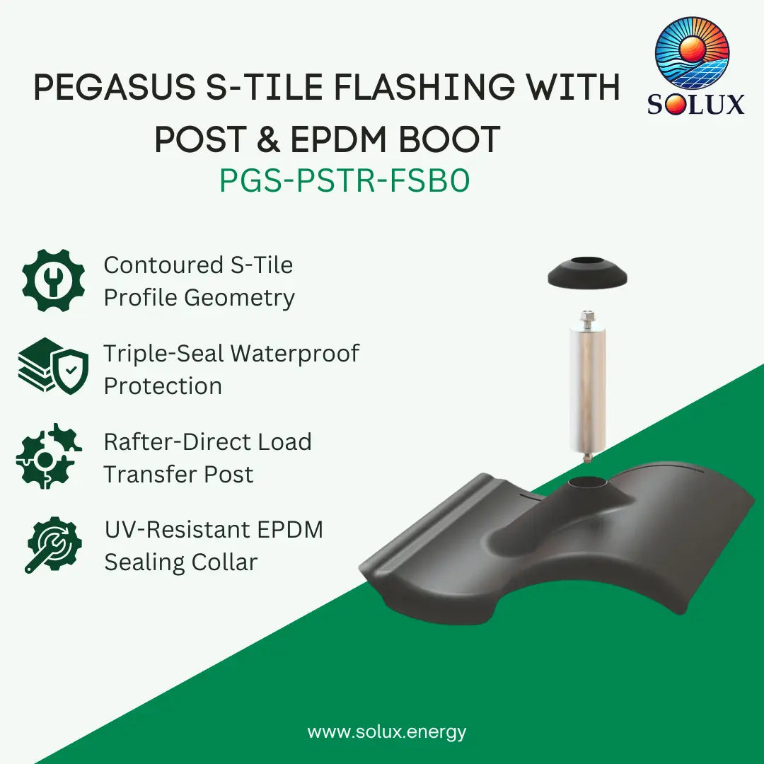 Promotional graphic for Solux Pegasus S-Tile flashing with post and EPDM boot, showing the product components and feature callouts on a white and green background.