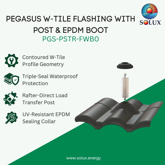 Promotional graphic for Solux Pegasus W-Tile flashing with post and EPDM boot, showing a black contoured W-tile flashing piece with a metal post and a separate EPDM boot on a light background with green accents and product feature text.