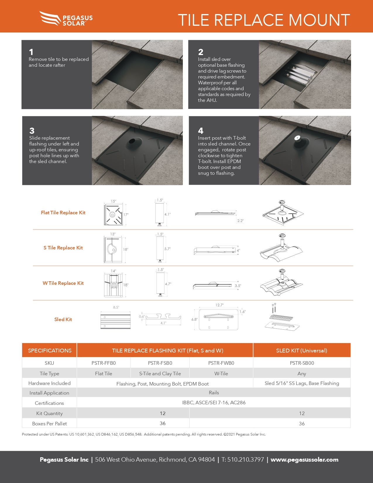 Tile replace mount installation guide with step-by-step instructions and product details.