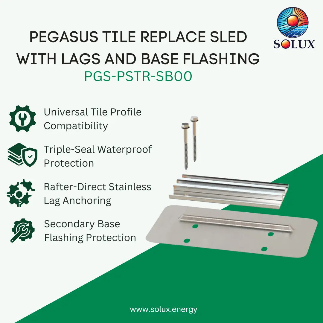 Promotional graphic for Solux Pegasus Tile Replace Sled with Lags and Base Flashing, showing the stainless steel lag bolts, base plate, and metal flashing components on a white and green background with feature callouts.