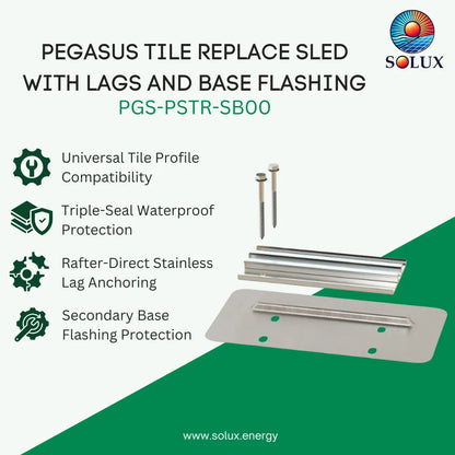 Promotional graphic for Solux Pegasus Tile Replace Sled with Lags and Base Flashing, showing the stainless steel lag bolts, base plate, and metal flashing components on a white and green background with feature callouts.
