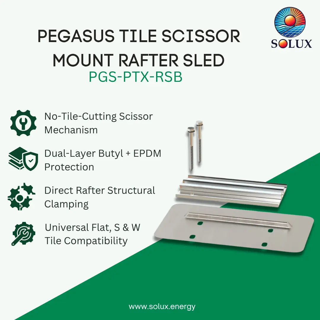 A promotional graphic image of Pegasus Solar tile scissor mount rafter sled, with key features