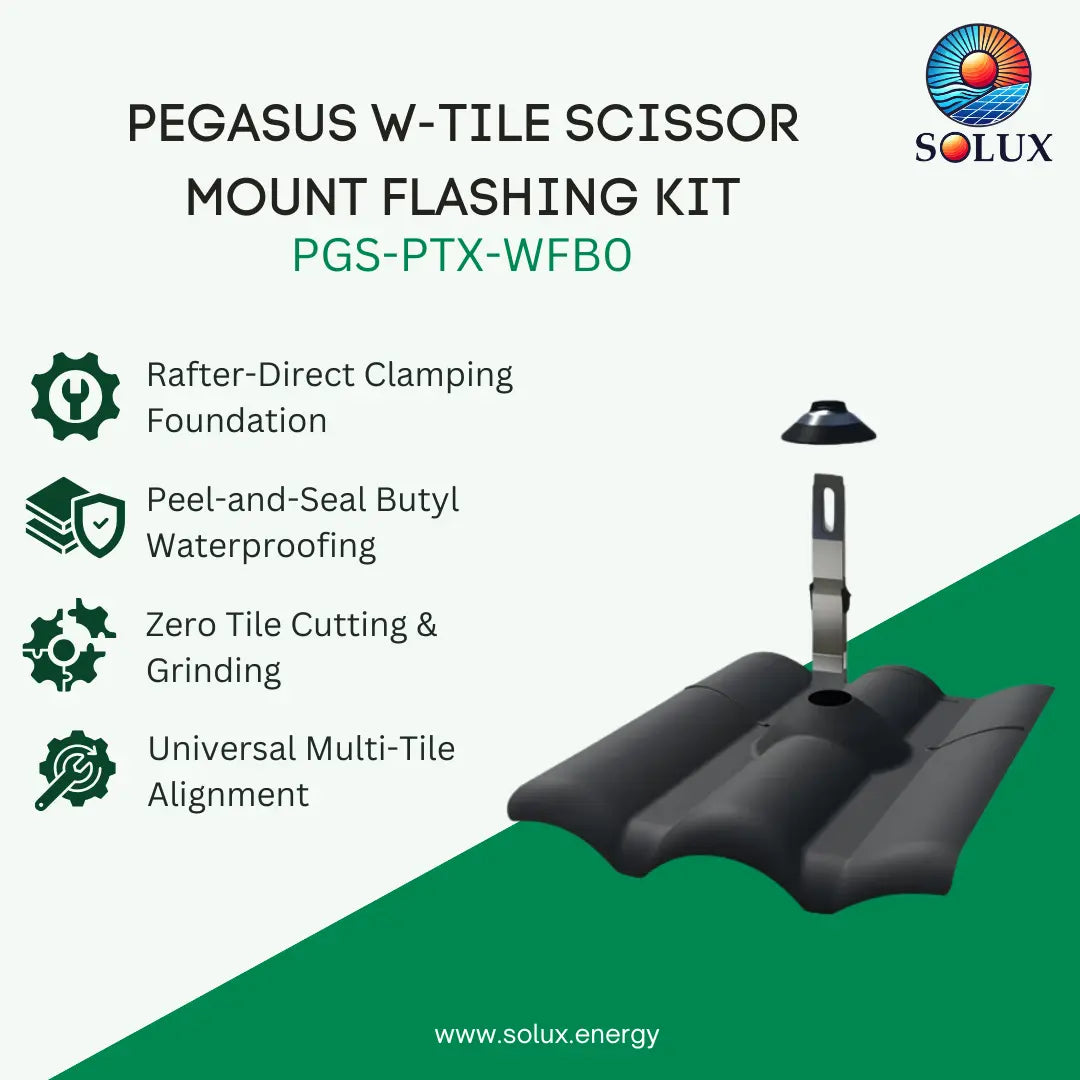SOLUX Pegasus W-Tile Scissor Mount Flashing Kit (PGS-PTX-WFBO) product graphic showing the black flashing kit with a metal anchor rod and cap, alongside product features and the SOLUX logo on a split white and green background.