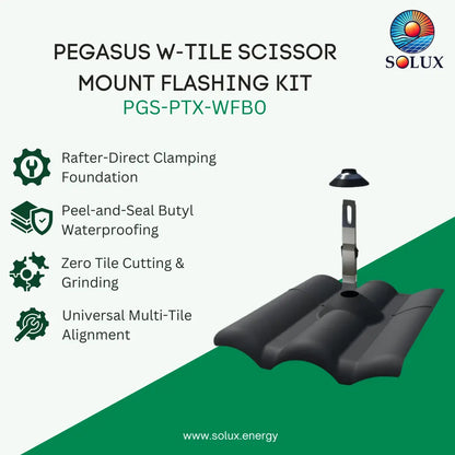 SOLUX Pegasus W-Tile Scissor Mount Flashing Kit (PGS-PTX-WFBO) product graphic showing the black flashing kit with a metal anchor rod and cap, alongside product features and the SOLUX logo on a split white and green background.