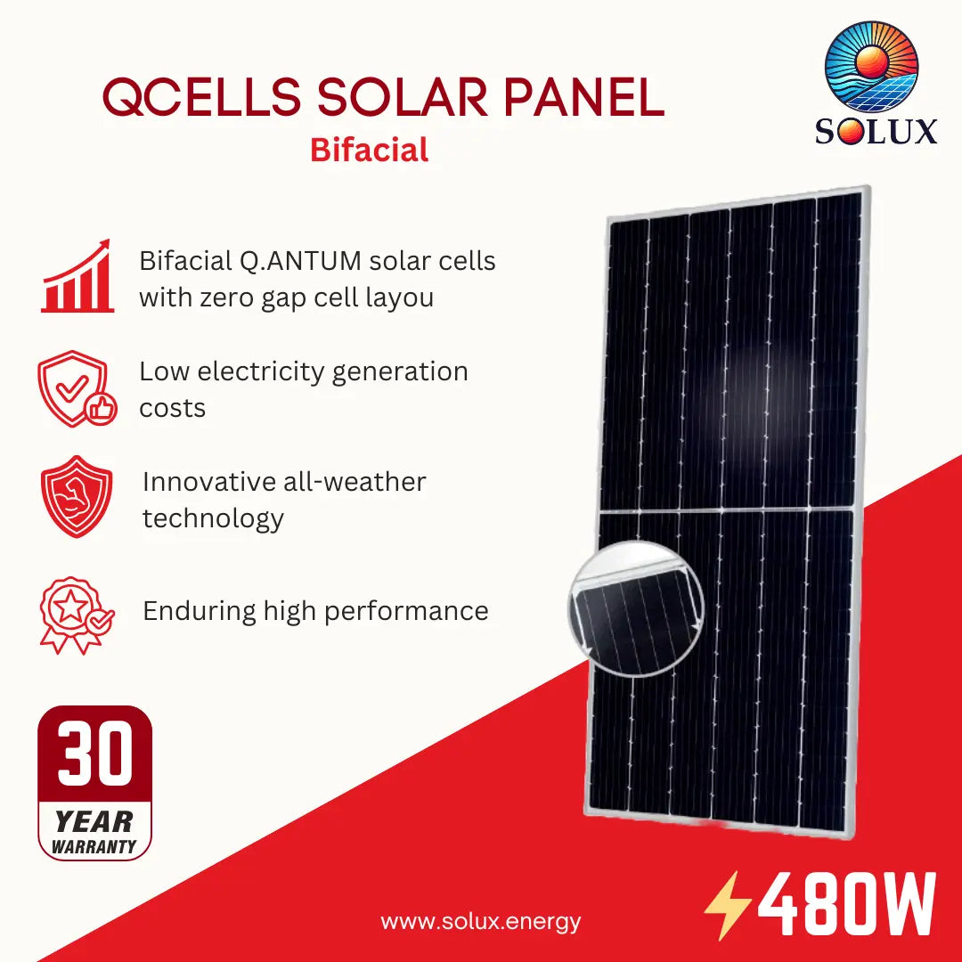 Promotional graphic for a QCells solar panel, showing a large rectangular bifacial solar panel on a white and red background with text highlighting features such as QANTUM solar cells, low electricity generation costs, innovative all-weather technology, and a 30-year warranty. The Solux brand logo is visible in the top right.