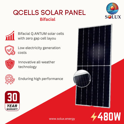 Promotional graphic for a QCells solar panel, showing a large rectangular bifacial solar panel on a white and red background with text highlighting features such as QANTUM solar cells, low electricity generation costs, innovative all-weather technology, and a 30-year warranty. The Solux brand logo is visible in the top right.