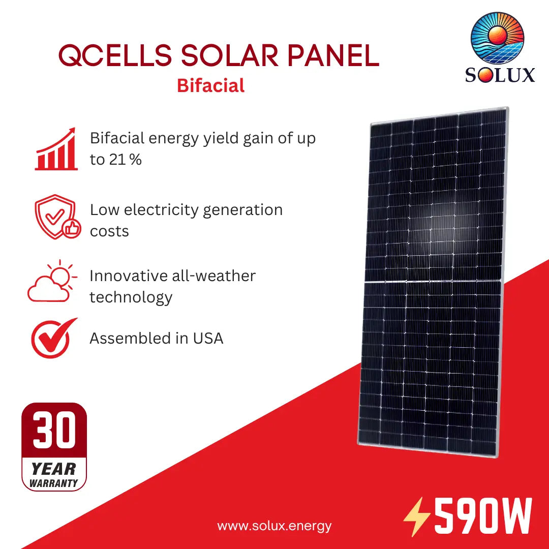 This is an image of QCells Q.PEAK-DUO 590W Silver Frame Bifacial Solar Panel