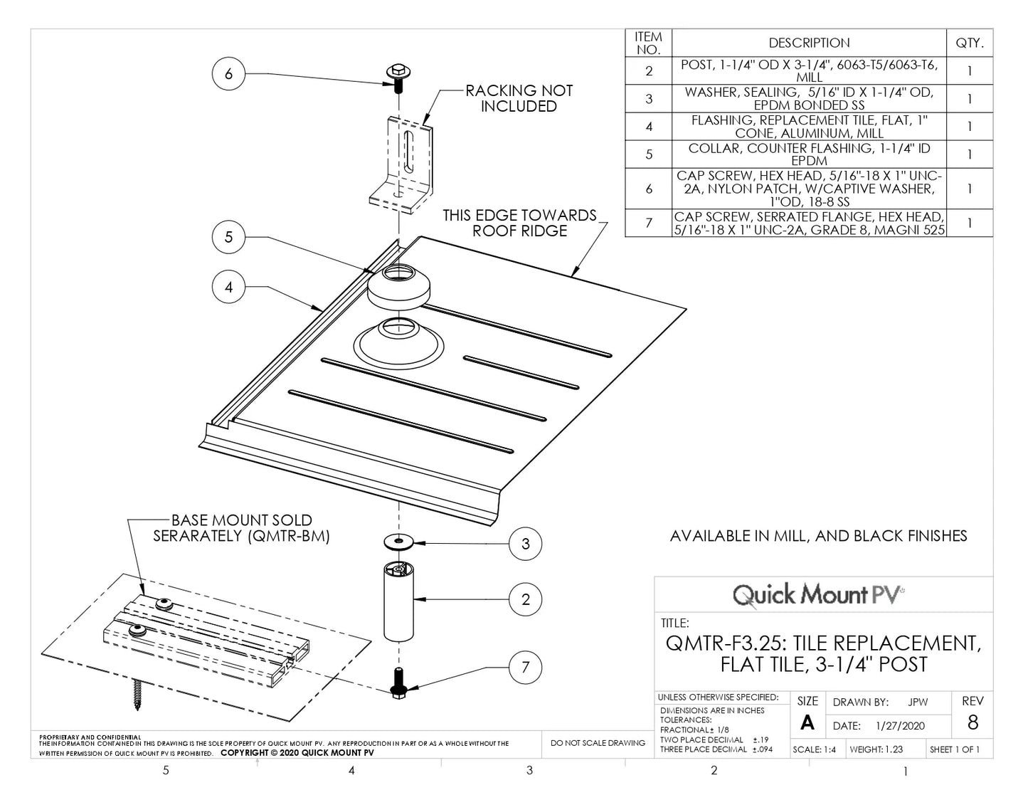 Quick Mount QMTR-F3.25-A-12 Tile Replacement, Flat Tile, 3-1/4" Post, Mill (Minimum Purchase: 10 units)