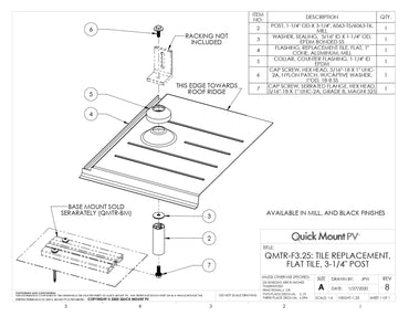 Quick Mount QMTR-F3.25-A-12 Tile Replacement, Flat Tile, 3-1/4" Post, Mill (Minimum Purchase: 10 units)