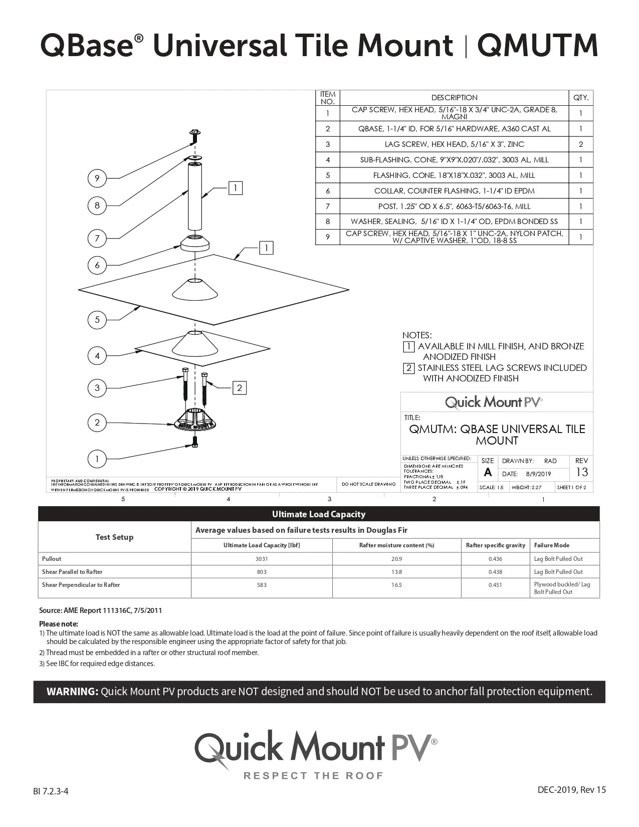 Quick Mount QMUTM-A-12 QBase Universal Tile Mount, Mill