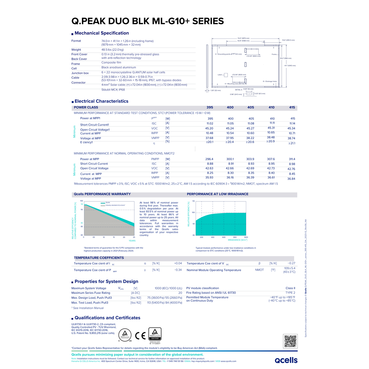 Q cell Solar Panel HQC-415MLQPG10-BK Specs