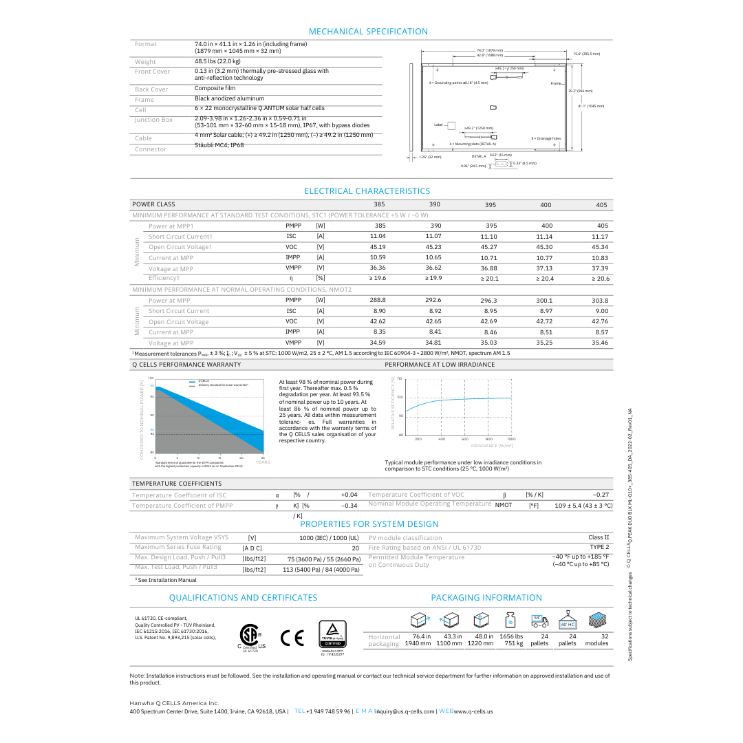 Qcell Solar Panels 400W Q.PEAK DUO BLK ML-G10PLUS/t-400 Specs