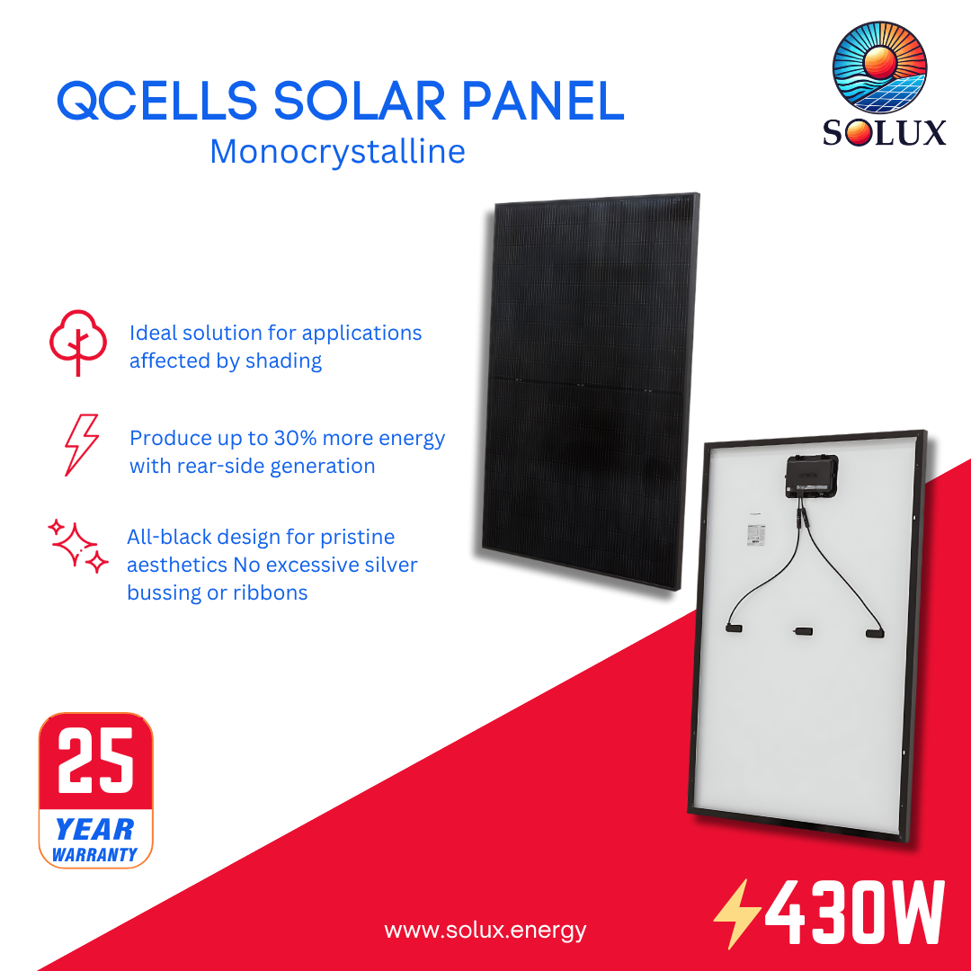 This is an image of Qcells 430 Watt Solar Panel All Black Monocrytalline