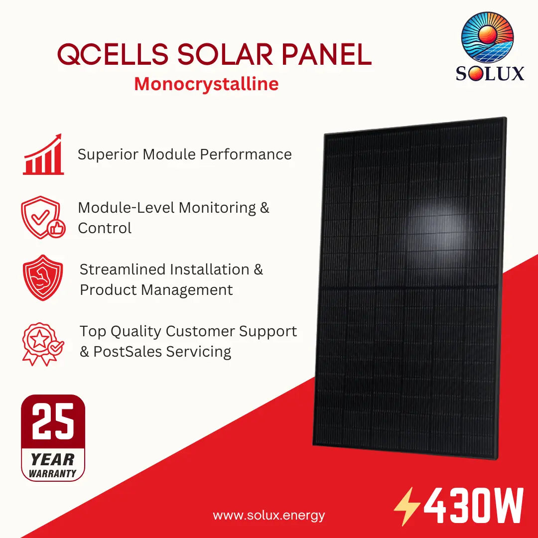 A promotional graphic for a QCells solar panel monocrystalline model by Solux. The image features a large black solar panel on the right, with marketing text and icons on the left highlighting features like superior module performance, module-level monitoring, streamlined installation, and a 25-year warranty.