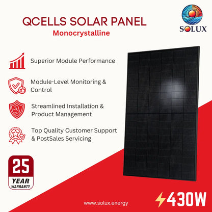 A promotional graphic for a QCells solar panel monocrystalline model by Solux. The image features a large black solar panel on the right, with marketing text and icons on the left highlighting features like superior module performance, module-level monitoring, streamlined installation, and a 25-year warranty.