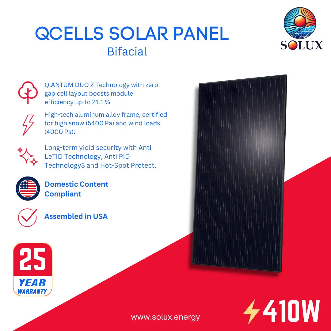 Marketing graphic for Qcells 410W Bifacial Solar Panels - Domestic Content. All-black panel, Assembled in USA, 25yr warranty.
