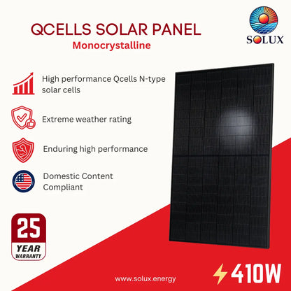 A promotional graphic for a Solux Qcells Solar Panel Monocrystalline, showing a tall black solar panel on the right and marketing text and icons on the left, including high performance, extreme weather rating, domestic content compliance, 25-year warranty, and 435W power.