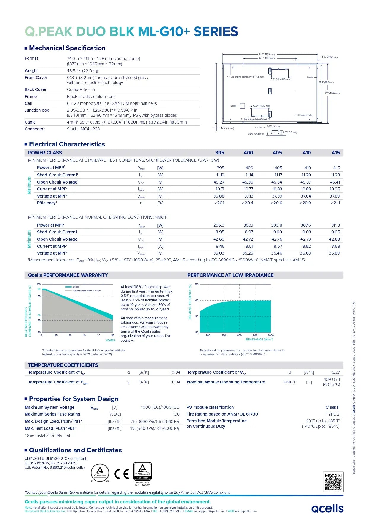 Q.PEAK-DUO-BLK-ML-G10PLUS-415-DCA monocrystalline solar cell datasheet with technical specs and performance charts.