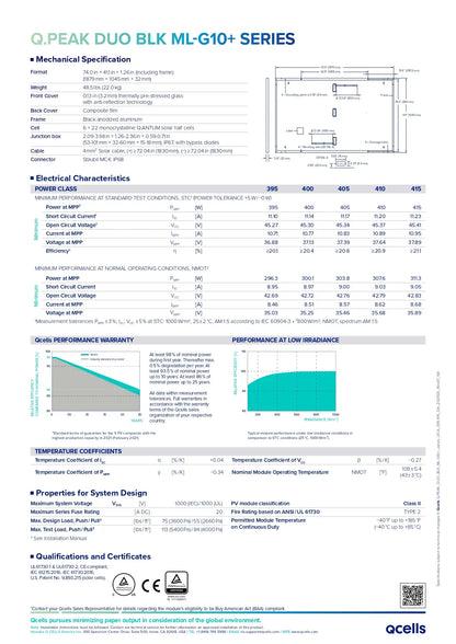 Q.PEAK-DUO-BLK-ML-G10PLUS-415-DCA monocrystalline solar cell datasheet with technical specs and performance charts.