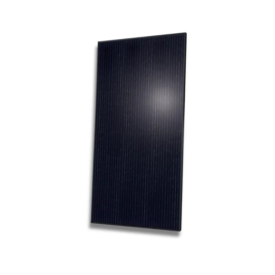 Product Image Q.PEAK-DUO-BLK-ML-G10PLUS-415-DCA, all-black monocrystalline solar panel on white, tilted right.
