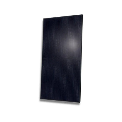 Product Image Q.PEAK-DUO-BLK-ML-G10PLUS-415-DCA, all-black monocrystalline solar panel on white, tilted right.