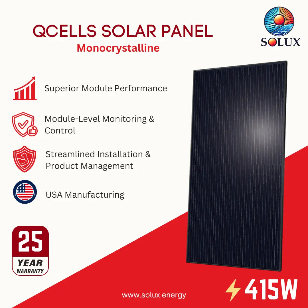 A promotional graphic for a QCells solar panel monocrystalline model by Solux Energy. The image features a tall, dark rectangular solar panel on the right side, set against a split white and red background with various marketing text and icons highlighting product features, warranty, and power output.