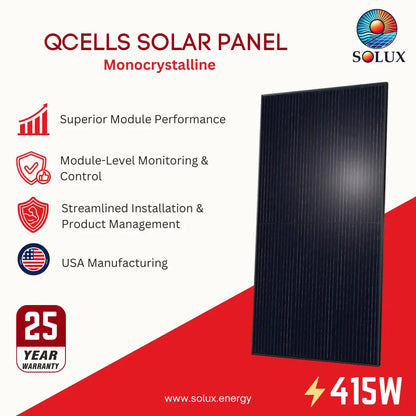A promotional graphic for a QCells solar panel monocrystalline model by Solux Energy. The image features a tall, dark rectangular solar panel on the right side, set against a split white and red background with various marketing text and icons highlighting product features, warranty, and power output.